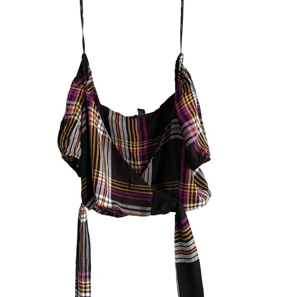Criss Cross Tie Puffy Sleeve off the Shoulder Plaid Summer Crop Top - Picture 1 of 5